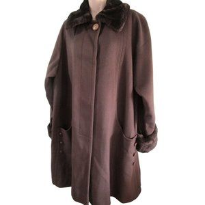 Chocolate Wool Blend Swing Coat Faux Fur Accents No Size Tag Charles Klein EUC